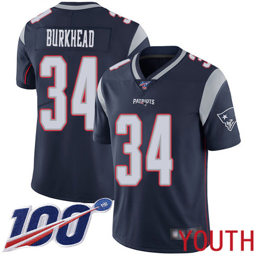 New England Patriots Football 34 100th Season Limited Navy Blue Youth Rex Burkhead Home NFL Jersey